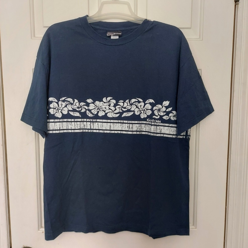 Gotcha Gear Mens XL Navy Blue Hibiscus Floral Band Surf Graphic T-Shirt Vintage